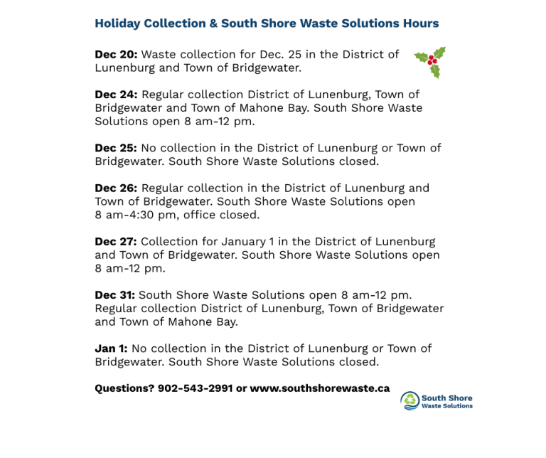 Holiday Collection & South Shore Waste Solutions Hours