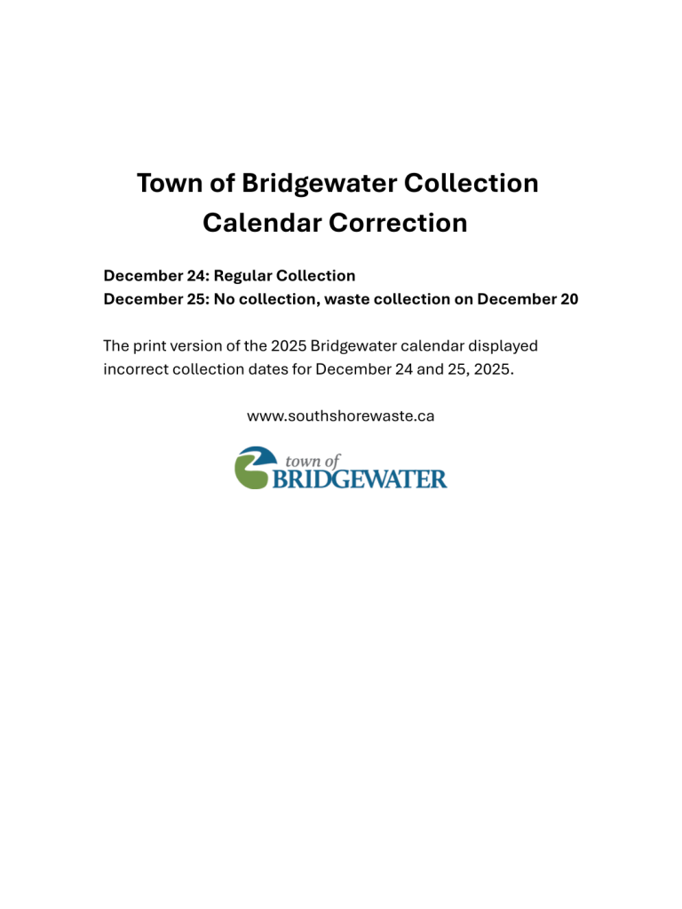 Town of Bridgewater Collection Calendar Correction